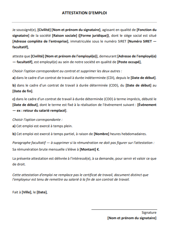 Modèle Attestation Employeur