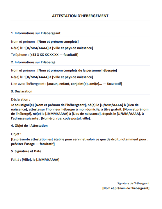 Modèle d'Attestation d'Hébergement à imprimer